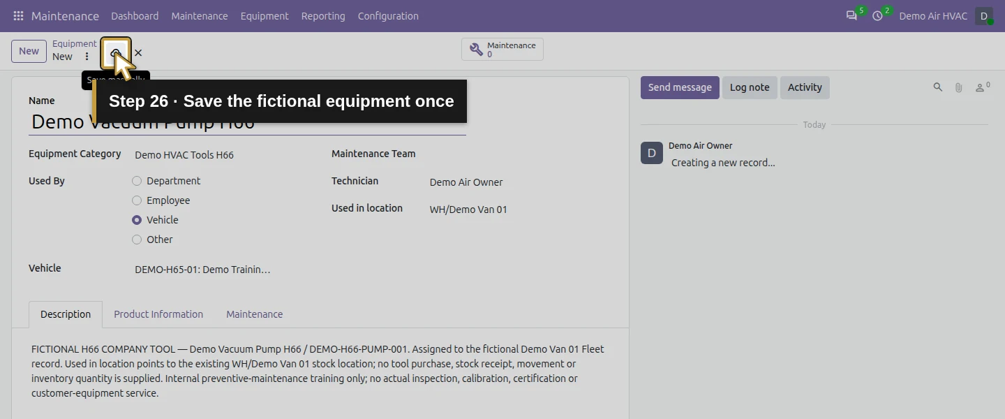 Action 26: Save the fictional equipment once. The actual target is highlighted in gold.