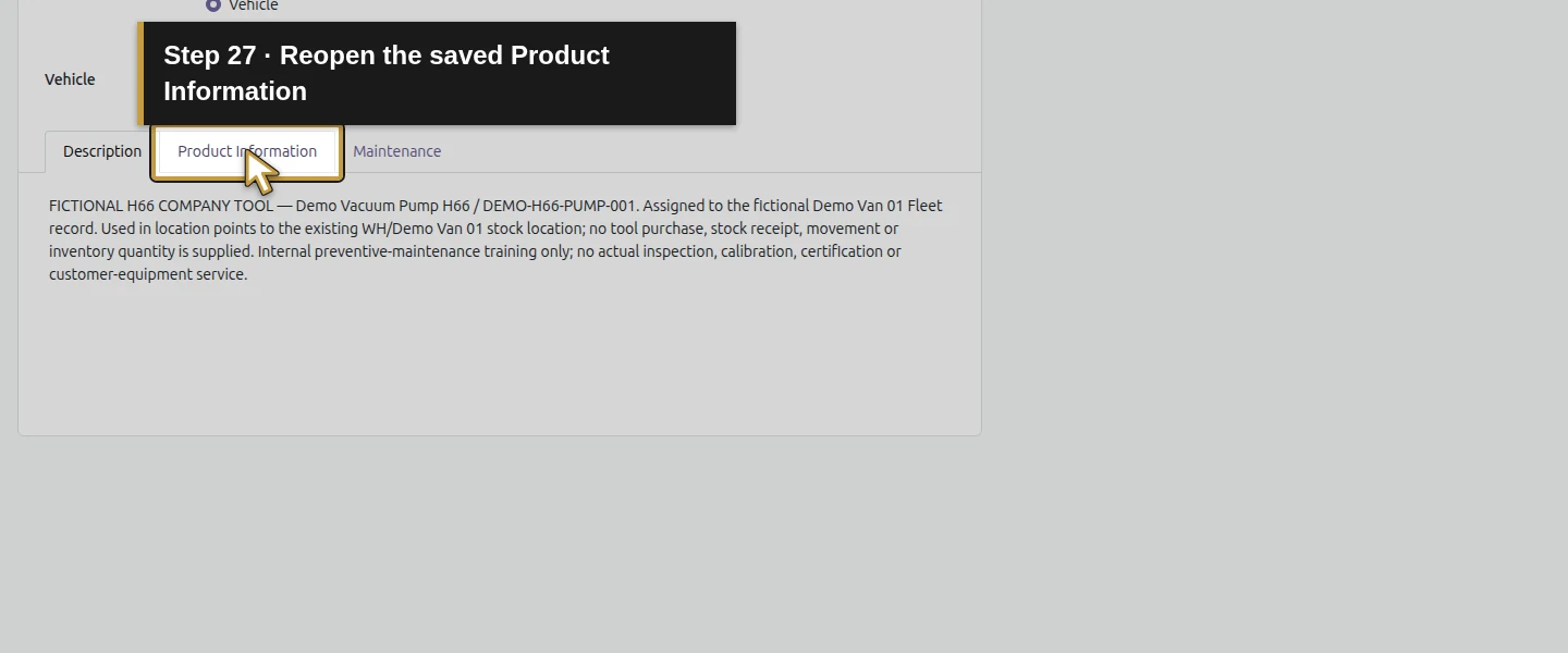 Action 27: Reopen the saved Product Information. The actual target is highlighted in gold.