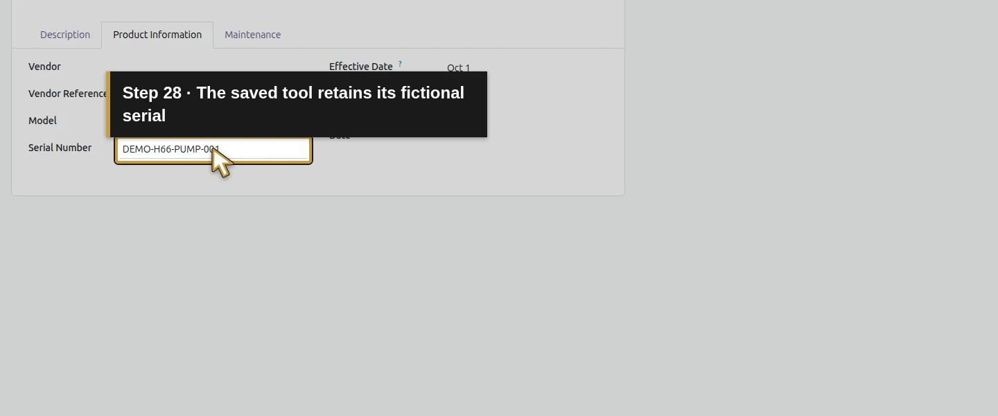 Action 28: The saved tool retains its fictional serial. The actual target is highlighted in gold.