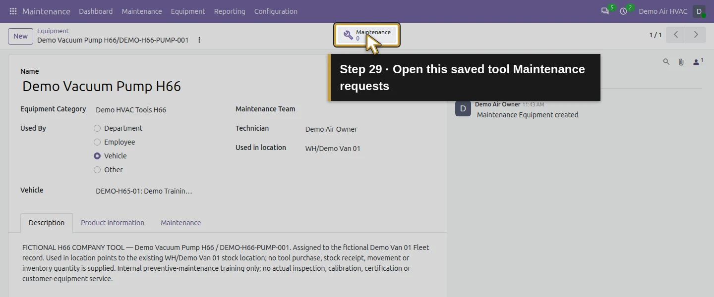Action 29: Open this saved tool Maintenance requests. The actual target is highlighted in gold.