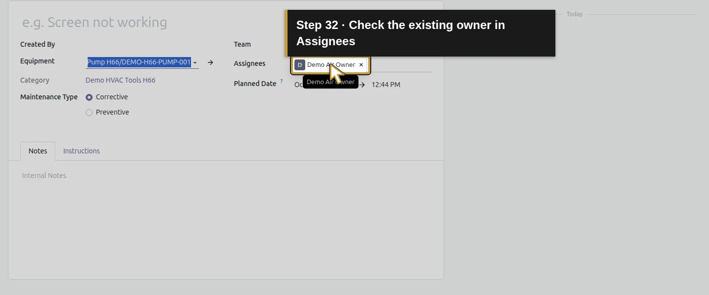 Action 32: Check the existing owner in Assignees. The actual target is highlighted in gold.