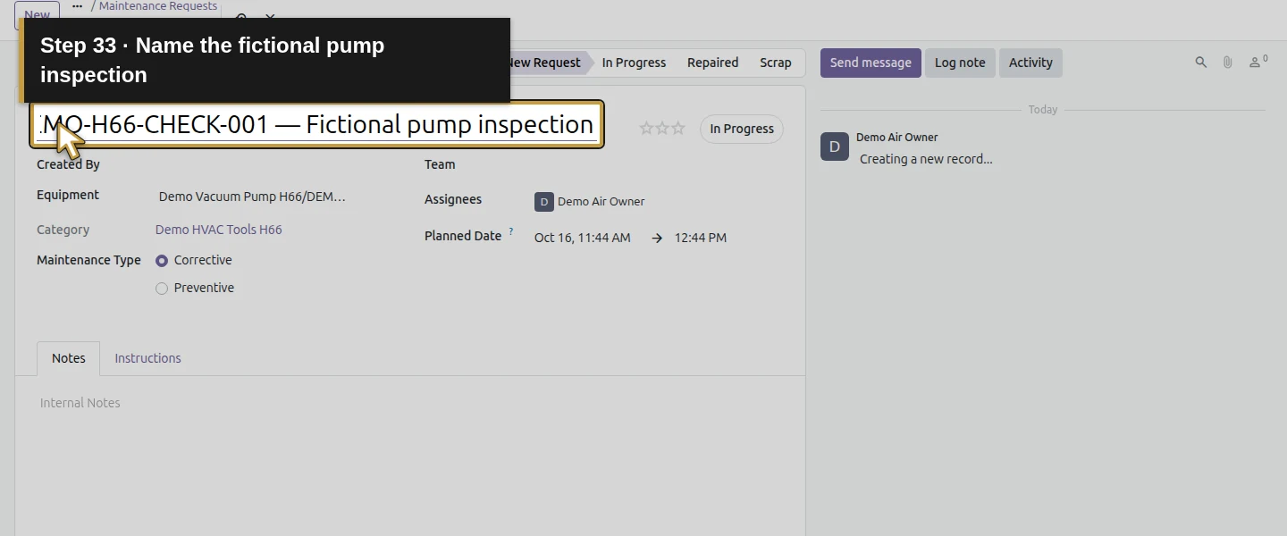 Action 33: Name the fictional pump inspection. The actual target is highlighted in gold.