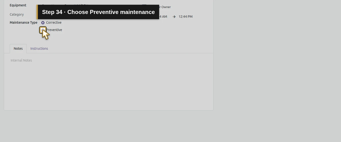 Action 34: Choose Preventive maintenance. The actual target is highlighted in gold.