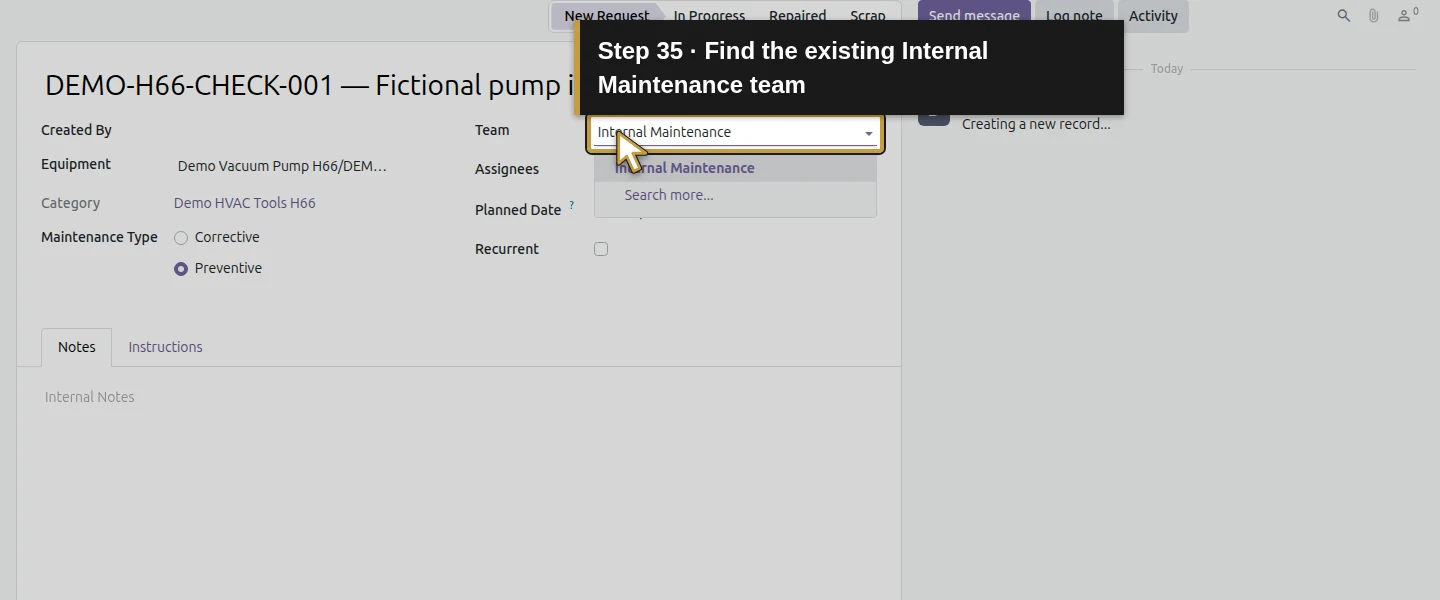 Action 35: Find the existing Internal Maintenance team. The actual target is highlighted in gold.