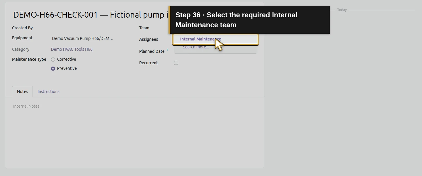 Action 36: Select the required Internal Maintenance team. The actual target is highlighted in gold.