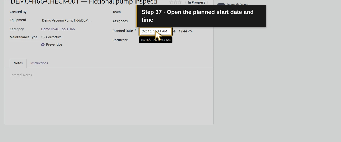 Action 37: Open the planned start date and time. The actual target is highlighted in gold.
