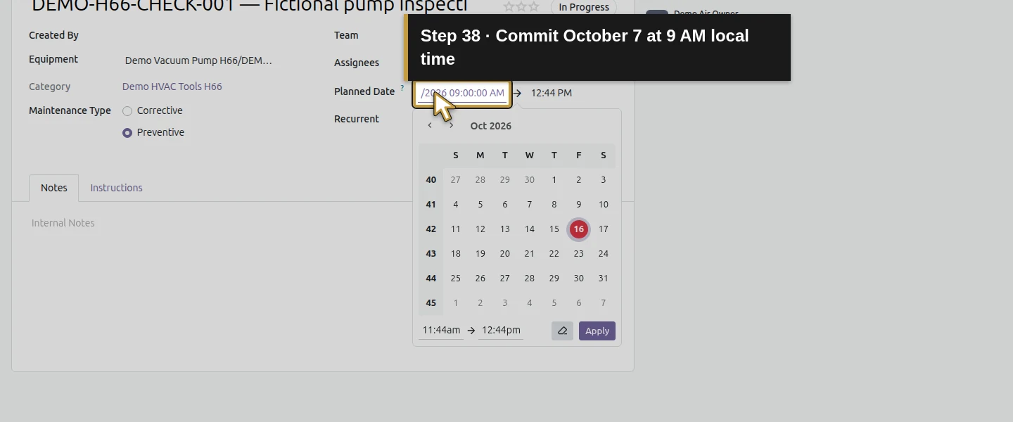 Action 38: Commit October 7 at 9 AM local time. The actual target is highlighted in gold.