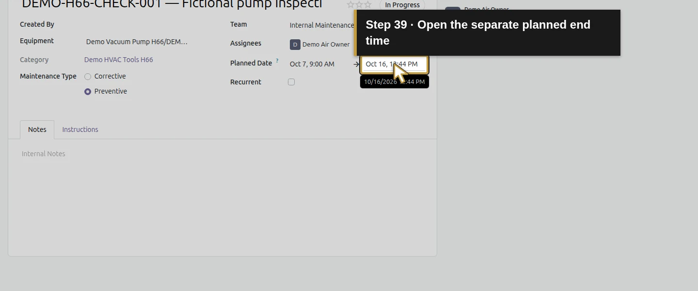 Action 39: Open the separate planned end time. The actual target is highlighted in gold.