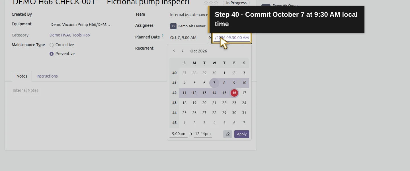 Action 40: Commit October 7 at 9:30 AM local time. The actual target is highlighted in gold.