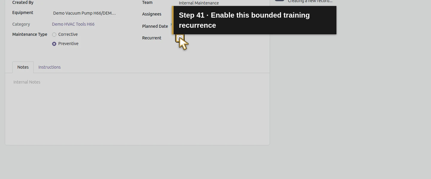 Action 41: Enable this bounded training recurrence. The actual target is highlighted in gold.