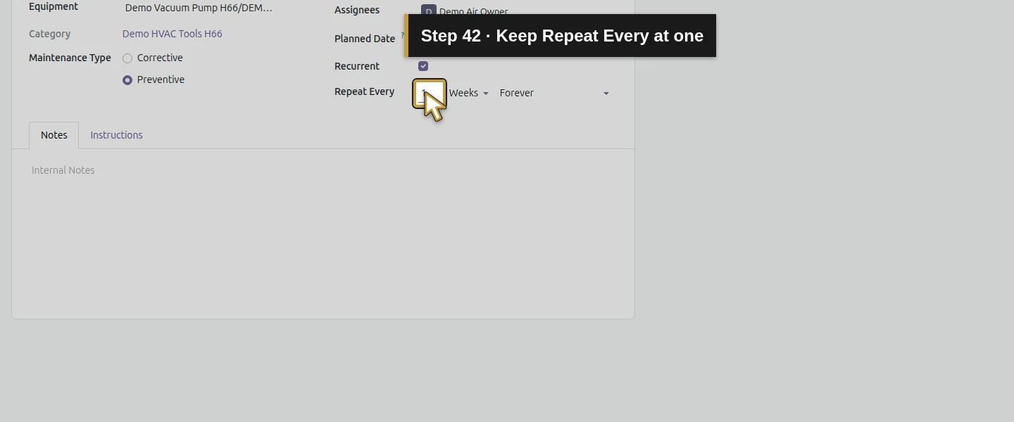 Action 42: Keep Repeat Every at one. The actual target is highlighted in gold.