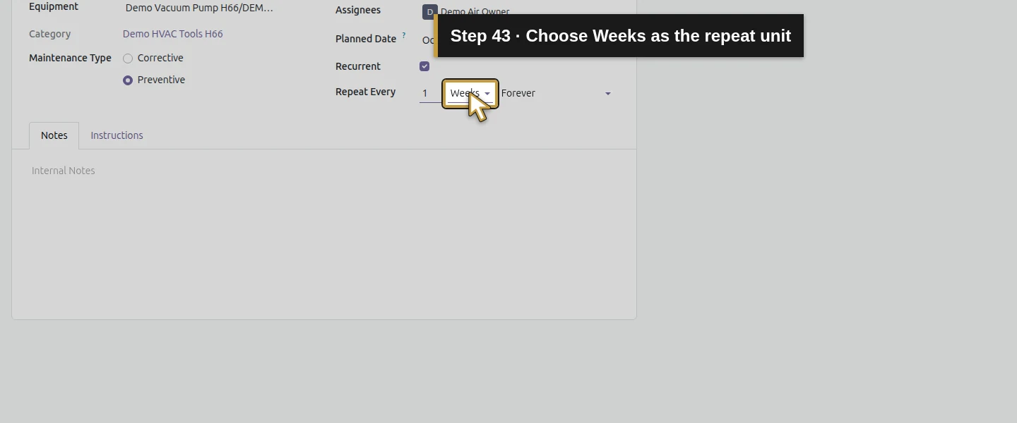 Action 43: Choose Weeks as the repeat unit. The actual target is highlighted in gold.