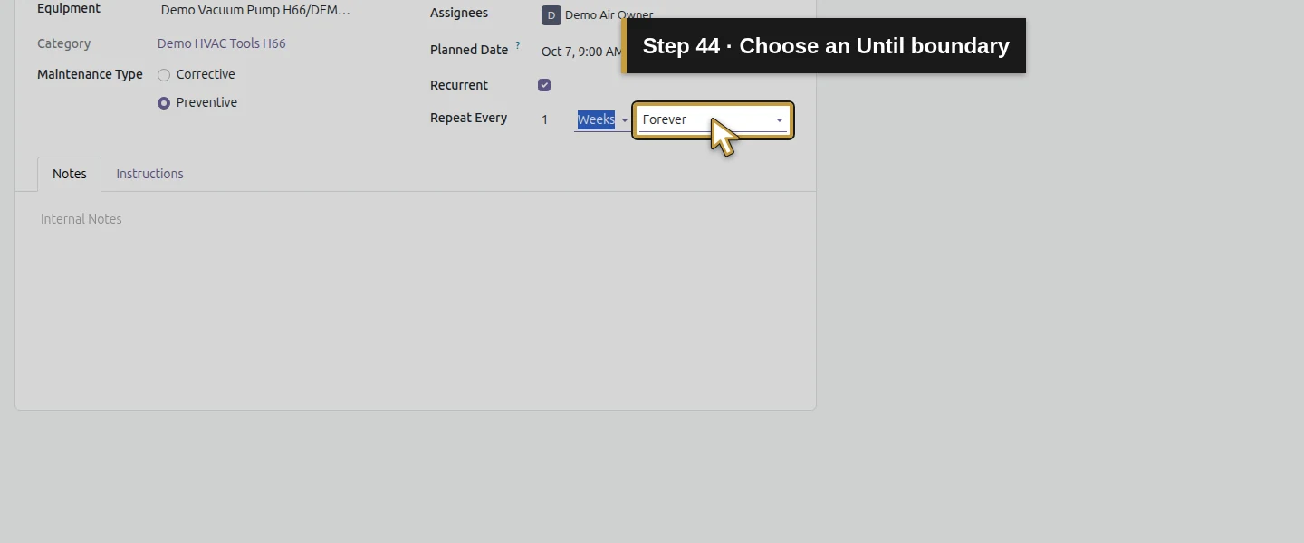 Action 44: Choose an Until boundary. The actual target is highlighted in gold.