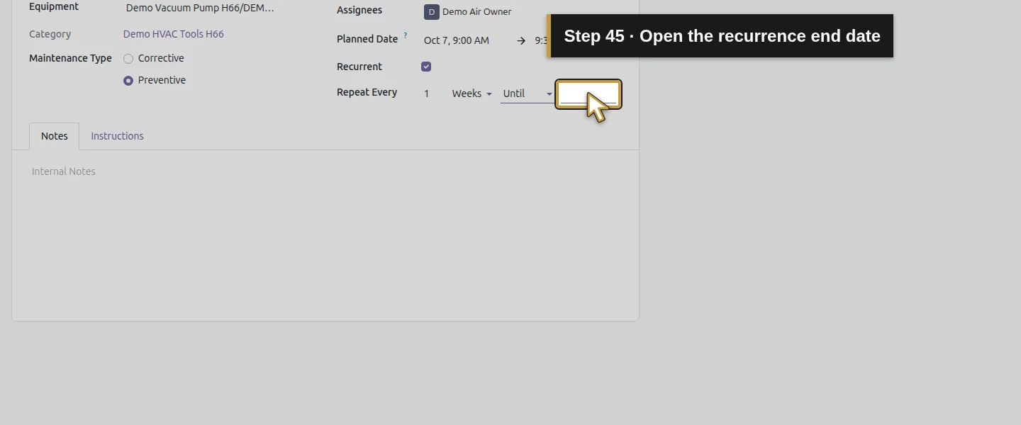 Action 45: Open the recurrence end date. The actual target is highlighted in gold.