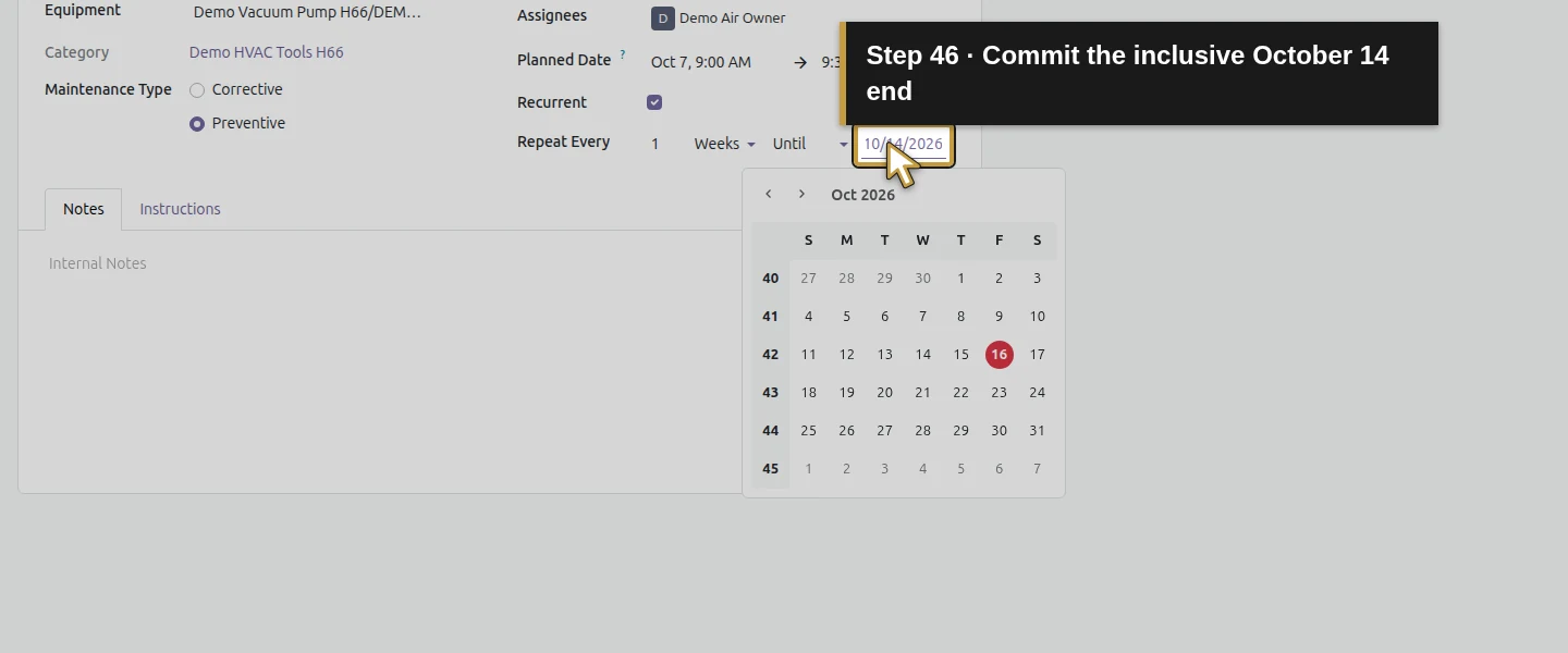 Action 46: Commit the inclusive October 14 end. The actual target is highlighted in gold.