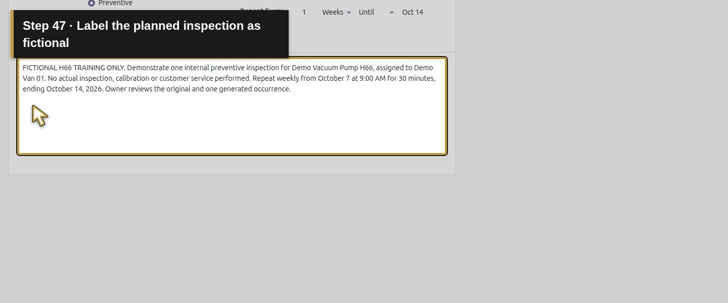 Action 47: Label the planned inspection as fictional. The actual target is highlighted in gold.