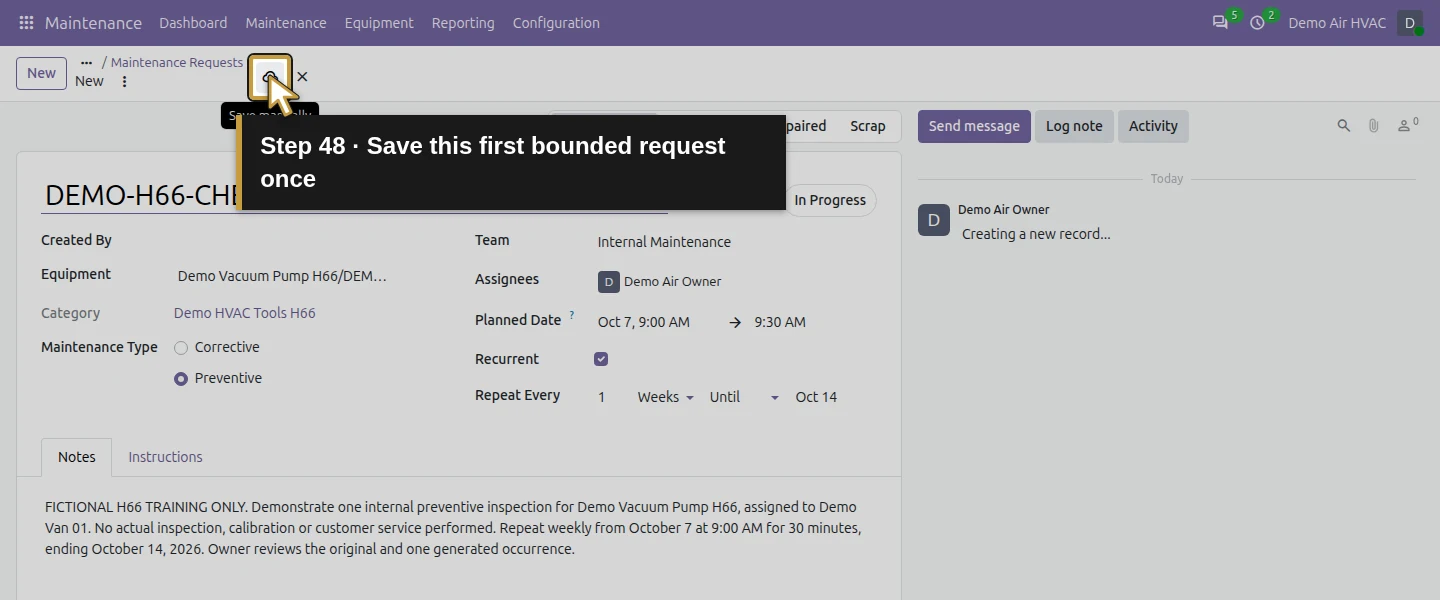 Action 48: Save this first bounded request once. The actual target is highlighted in gold.