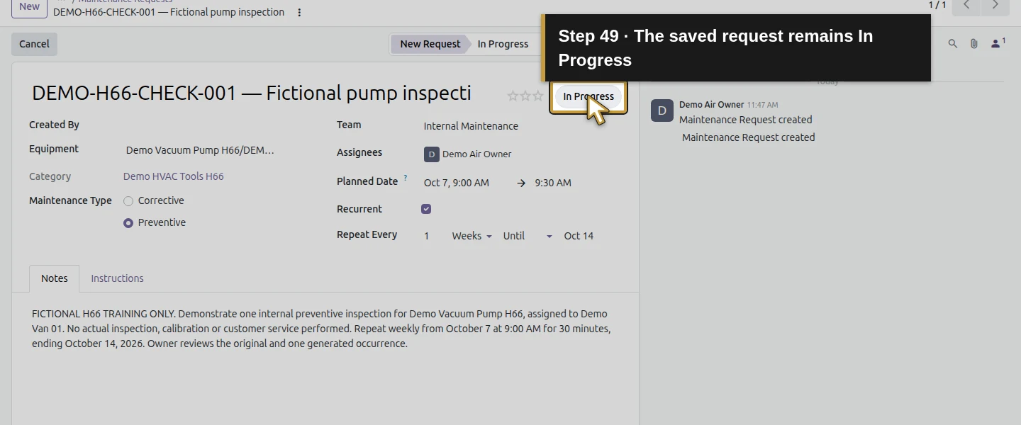 Action 49: The saved request remains In Progress. The actual target is highlighted in gold.
