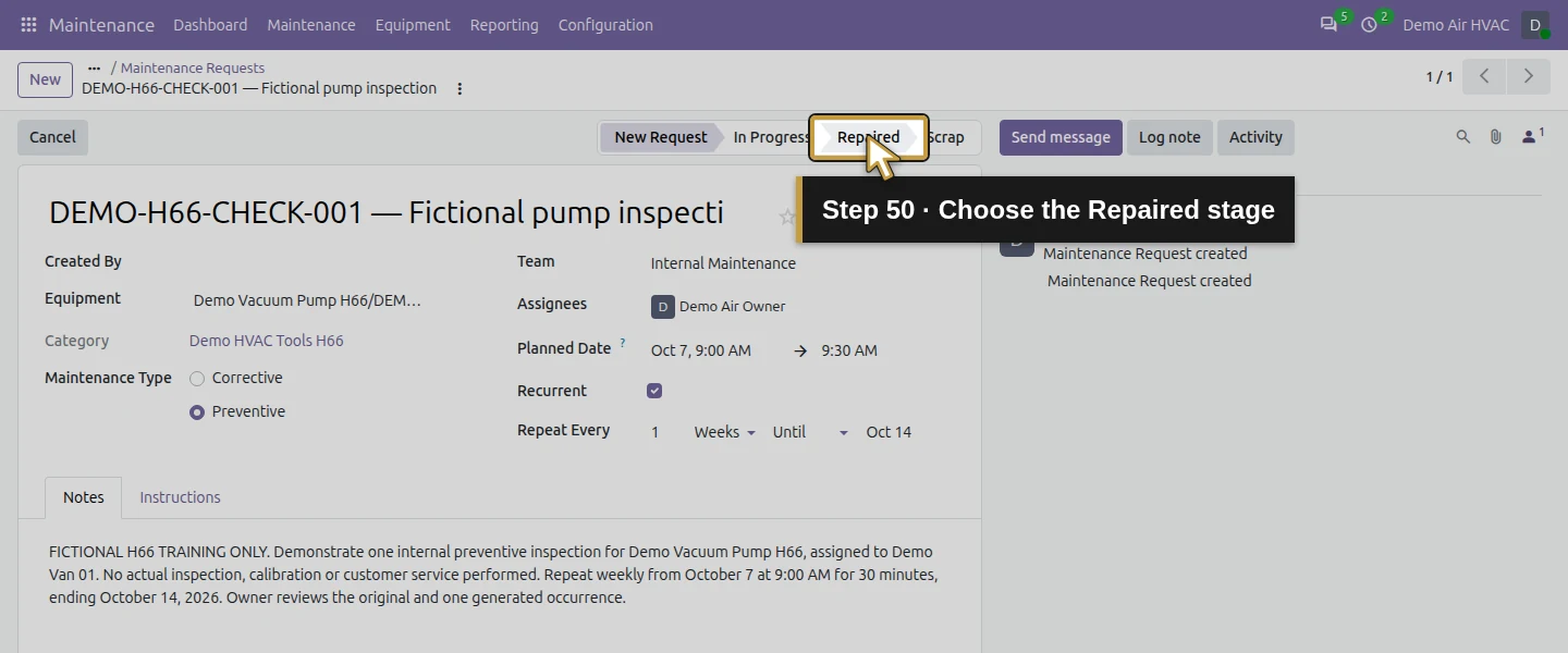 Action 50: Choose the Repaired stage. The actual target is highlighted in gold.
