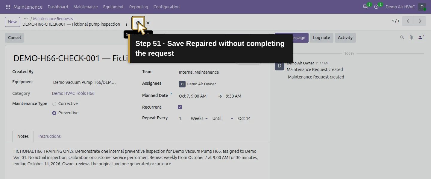 Action 51: Save Repaired without completing the request. The actual target is highlighted in gold.