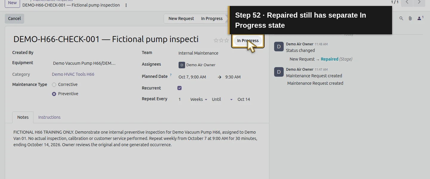 Action 52: Repaired still has separate In Progress state. The actual target is highlighted in gold.