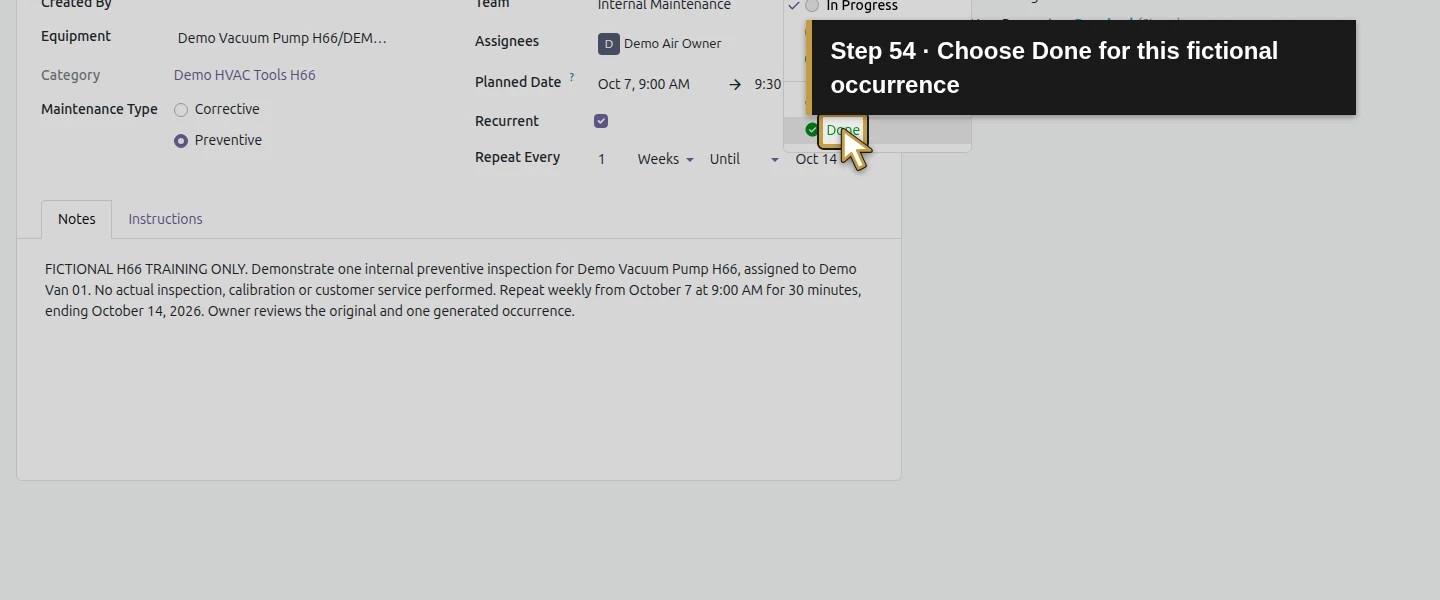 Action 54: Choose Done for this fictional occurrence. The actual target is highlighted in gold.