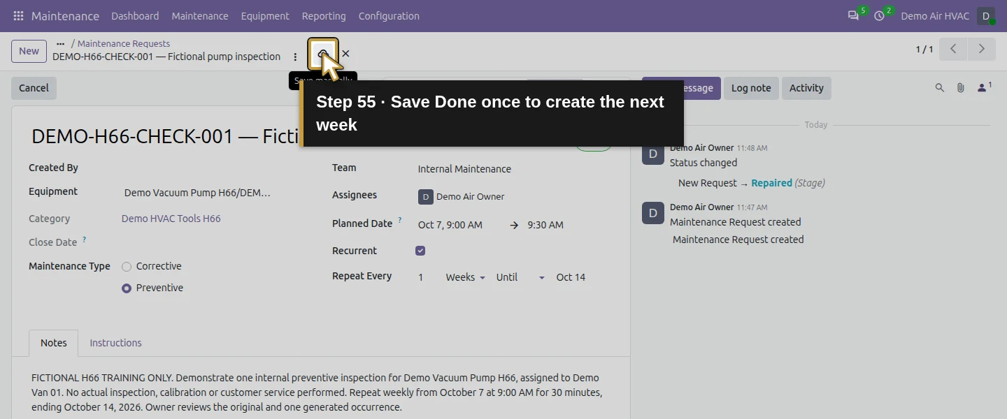 Action 55: Save Done once to create the next week. The actual target is highlighted in gold.