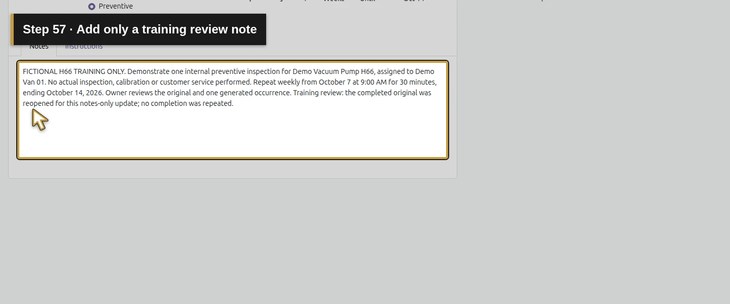 Action 57: Add only a training review note. The actual target is highlighted in gold.