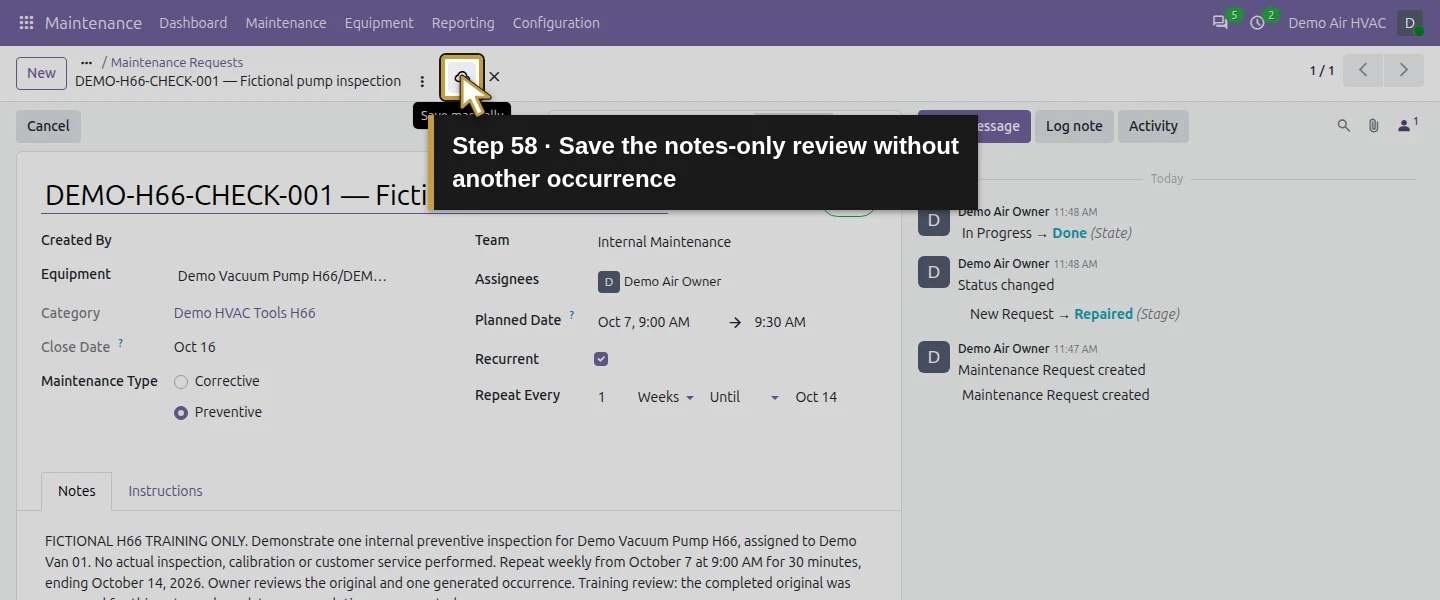 Action 58: Save the notes-only review without another occurrence. The actual target is highlighted in gold.
