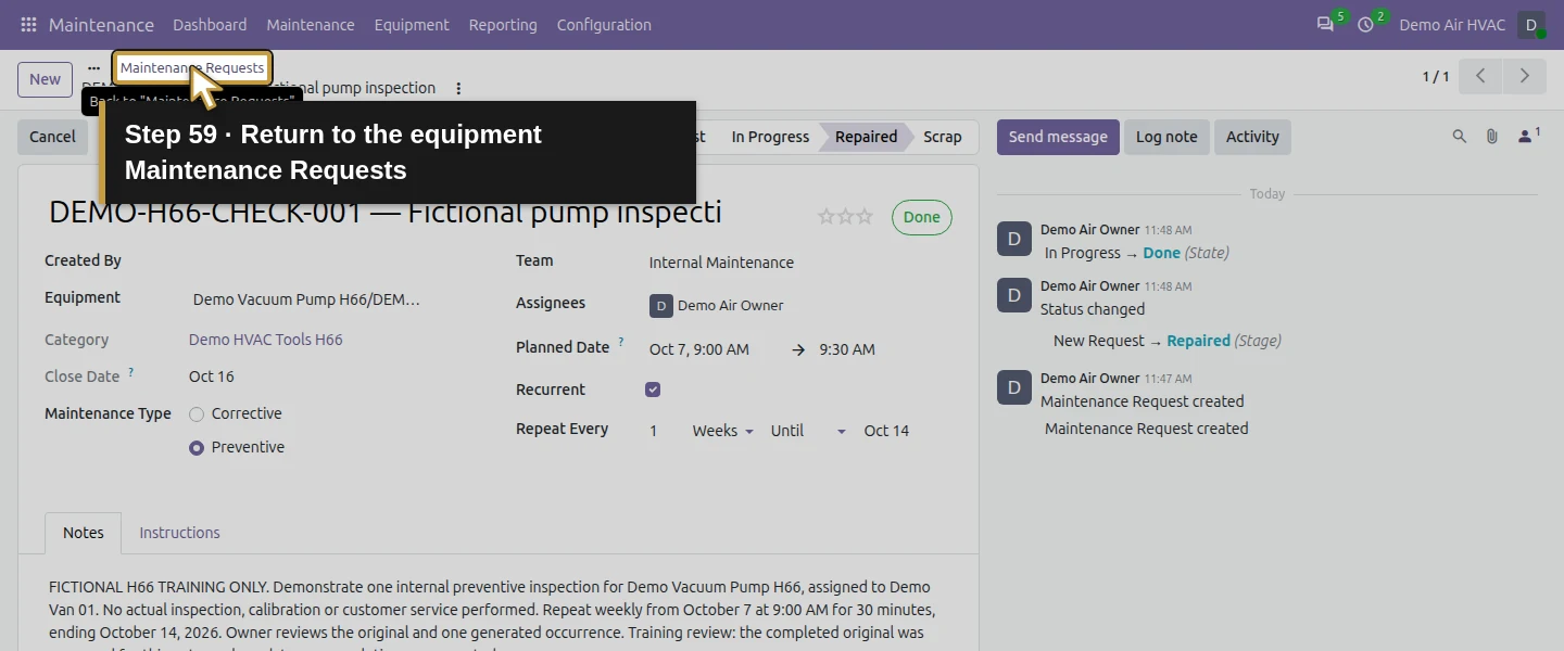 Action 59: Return to the equipment Maintenance Requests. The actual target is highlighted in gold.