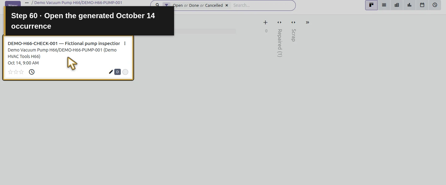 Action 60: Open the generated October 14 occurrence. The actual target is highlighted in gold.