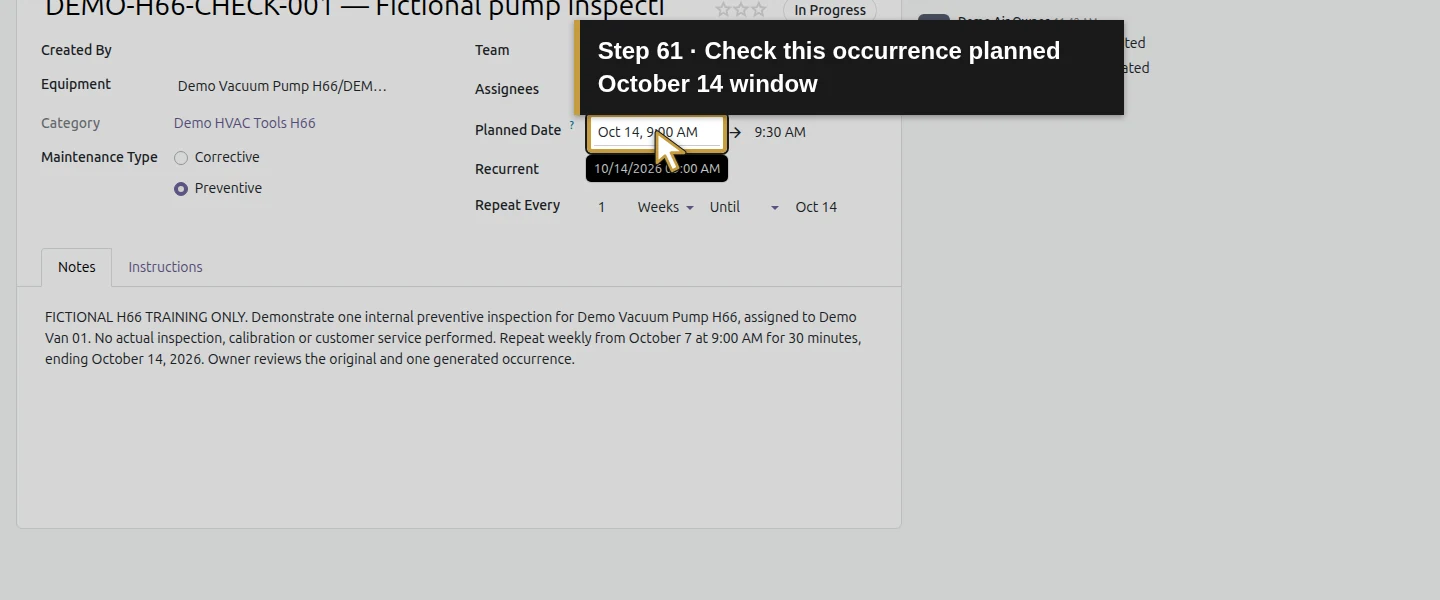 Action 61: Check this occurrence planned October 14 window. The actual target is highlighted in gold.