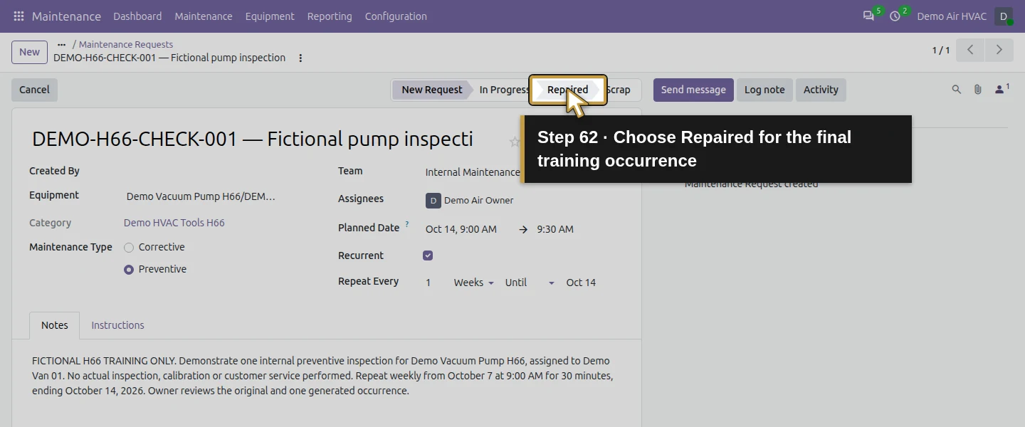 Action 62: Choose Repaired for the final training occurrence. The actual target is highlighted in gold.