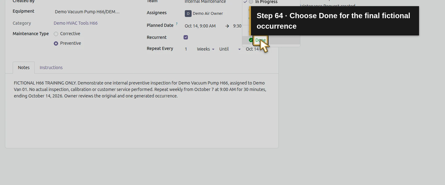 Action 64: Choose Done for the final fictional occurrence. The actual target is highlighted in gold.