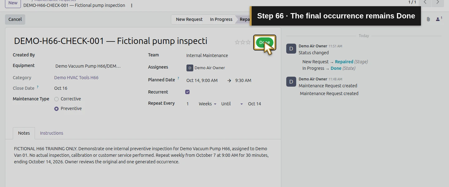 Action 66: The final occurrence remains Done. The actual target is highlighted in gold.