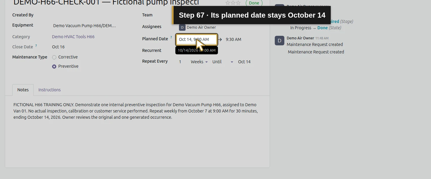 Action 67: Its planned date stays October 14. The actual target is highlighted in gold.