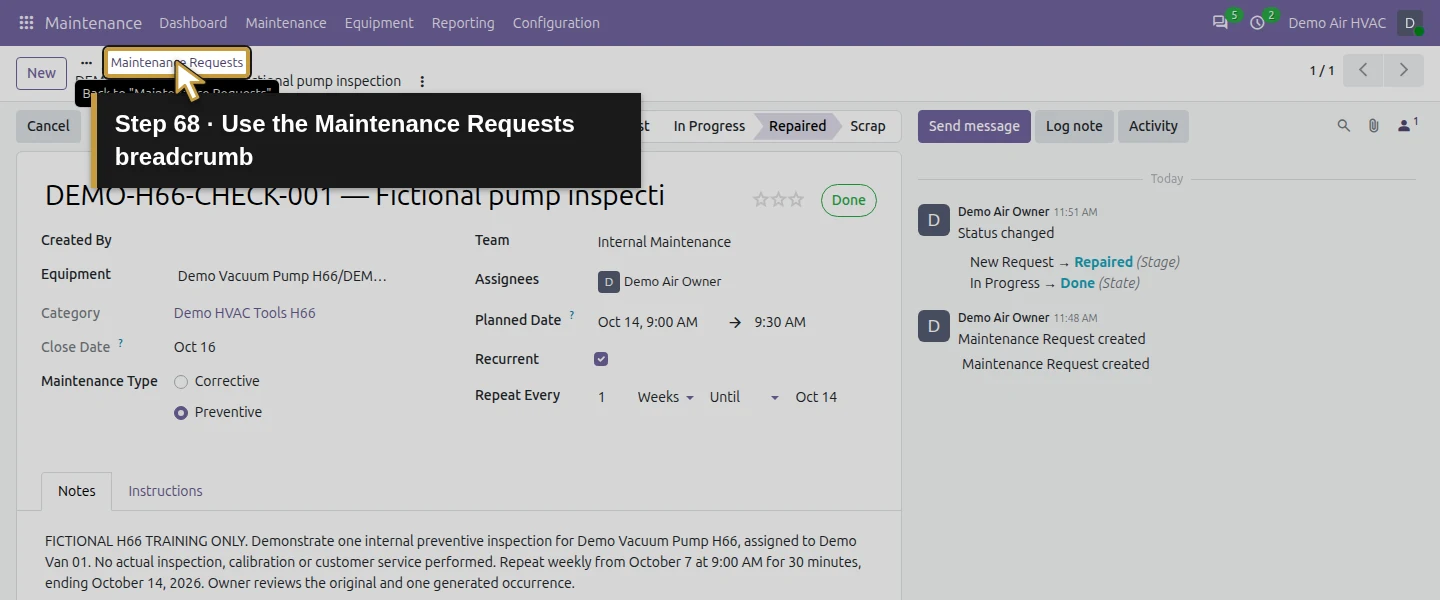 Action 68: Use the Maintenance Requests breadcrumb. The actual target is highlighted in gold.