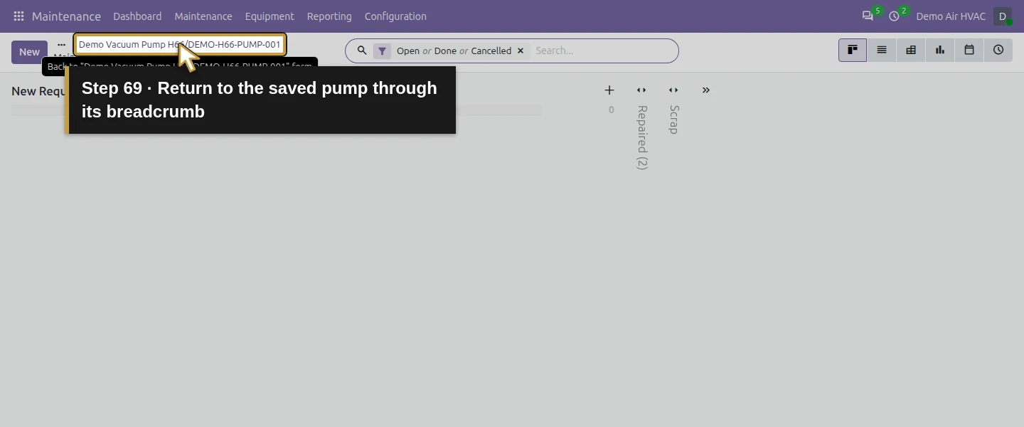 Action 69: Return to the saved pump through its breadcrumb. The actual target is highlighted in gold.