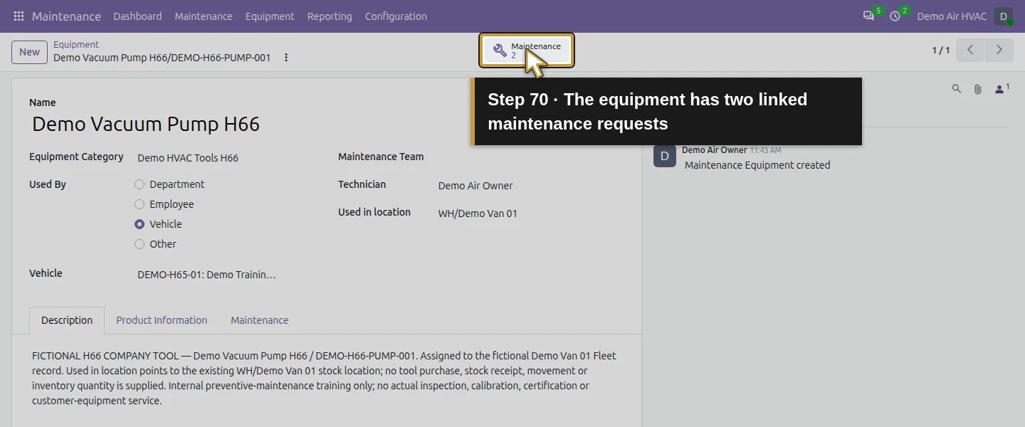Action 70: The equipment has two linked maintenance requests. The actual target is highlighted in gold.