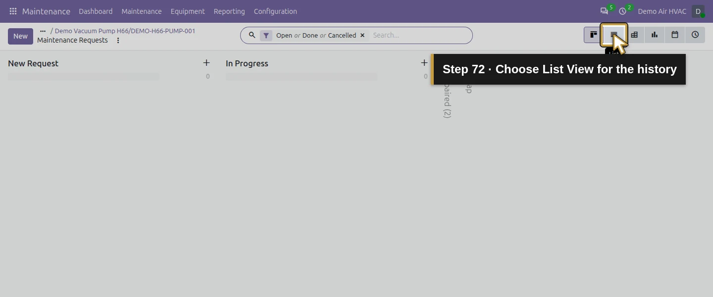 Action 72: Choose List View for the history. The actual target is highlighted in gold.