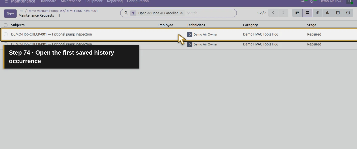 Action 74: Open the first saved history occurrence. The actual target is highlighted in gold.