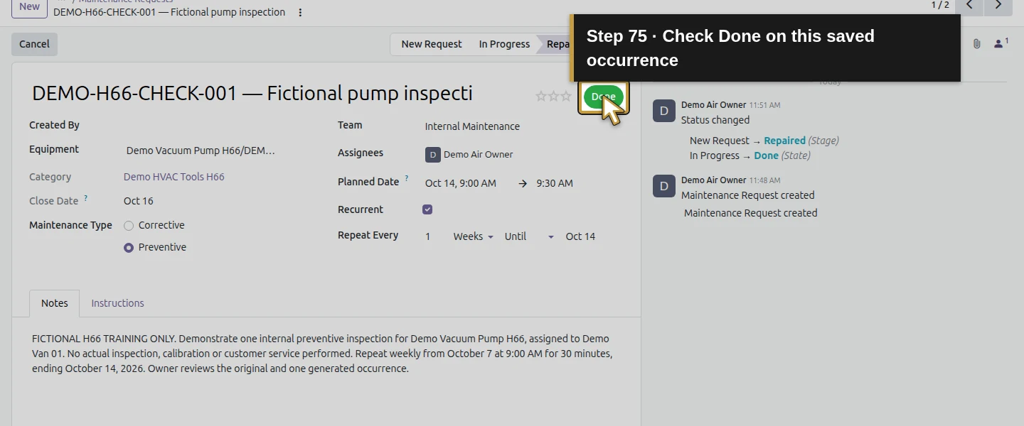 Action 75: Check Done on this saved occurrence. The actual target is highlighted in gold.