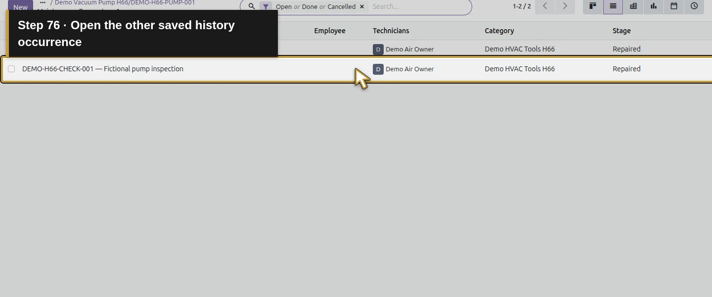 Action 76: Open the other saved history occurrence. The actual target is highlighted in gold.