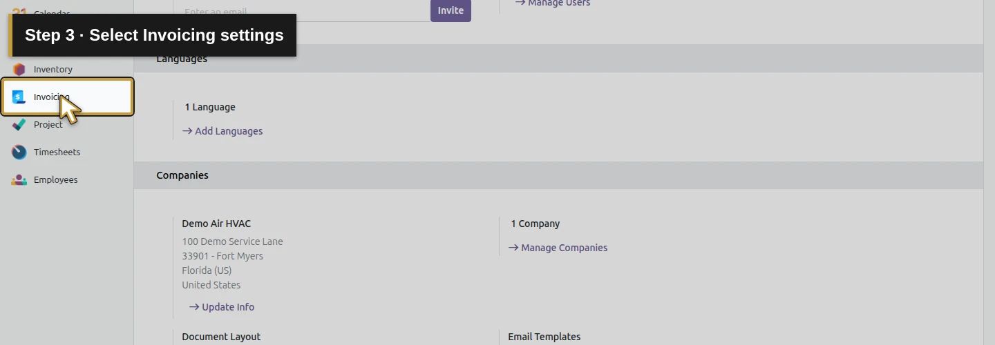 Step 3: Select Invoicing settings. The actual Odoo control is highlighted in gold.