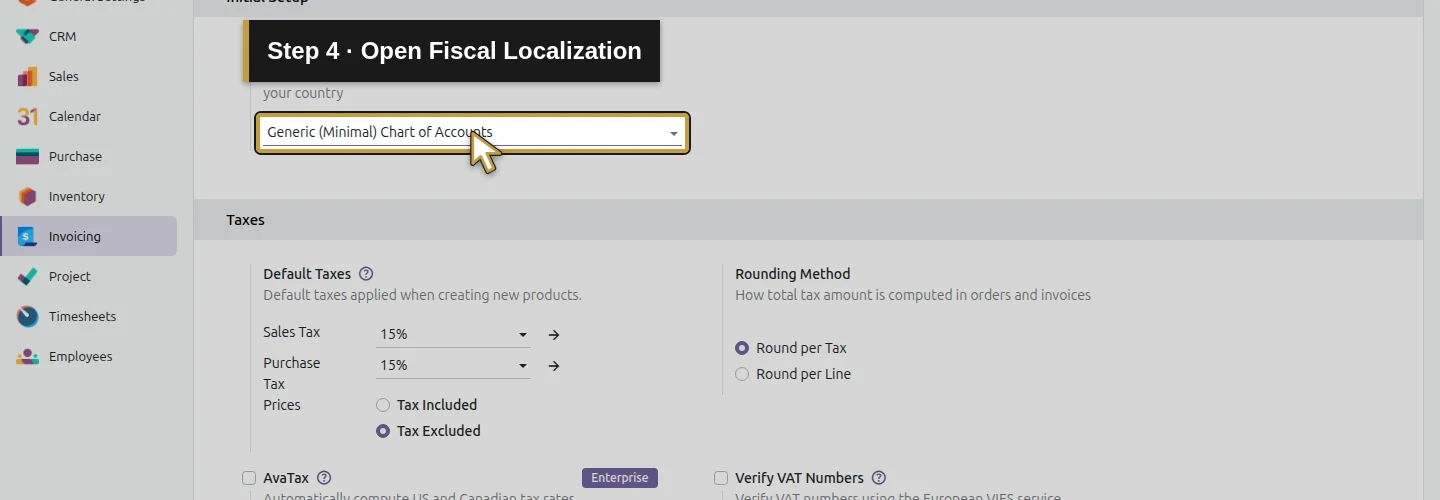 Step 4: Open Fiscal Localization. The actual Odoo control is highlighted in gold.