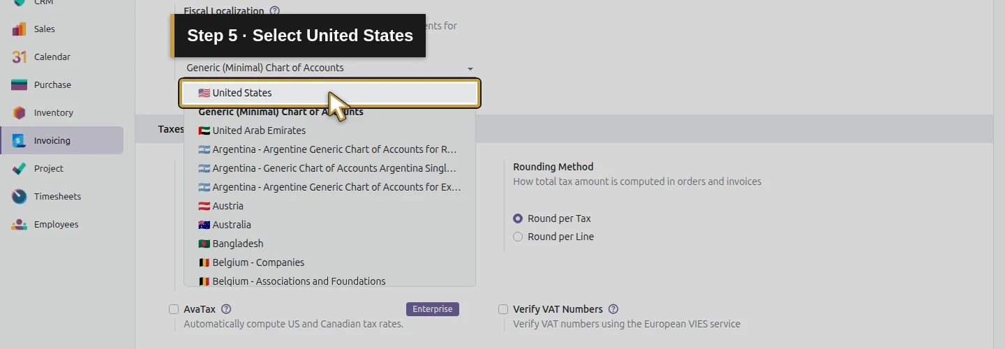Step 5: Select United States. The actual Odoo control is highlighted in gold.
