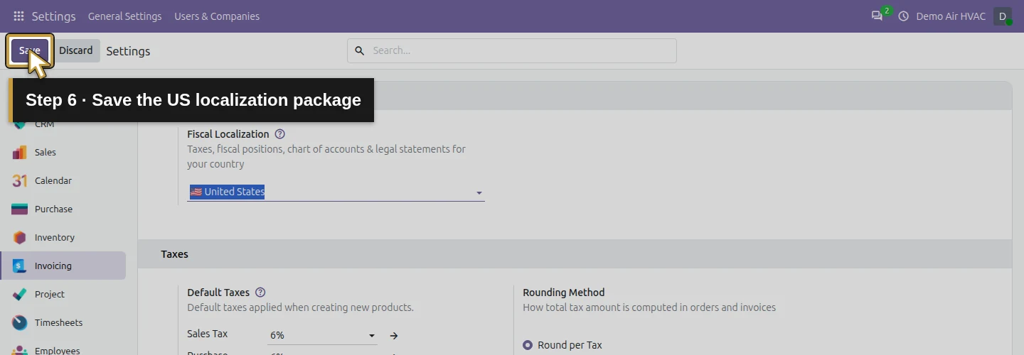 Step 6: Save the US localization package. The actual Odoo control is highlighted in gold.