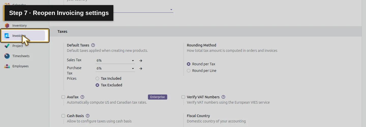 Step 7: Reopen Invoicing settings. The actual Odoo control is highlighted in gold.