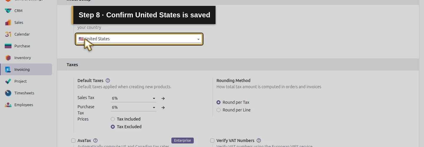 Step 8: Confirm United States is saved. The actual Odoo control is highlighted in gold.