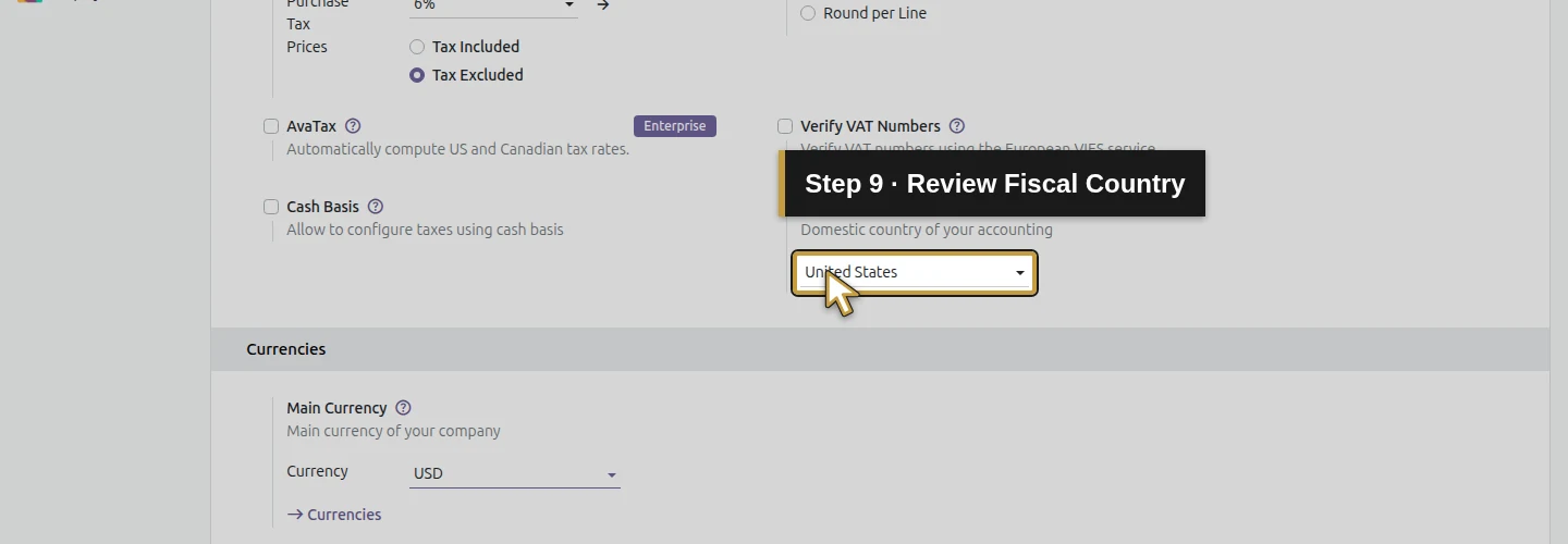 Step 9: Review Fiscal Country. The actual Odoo control is highlighted in gold.